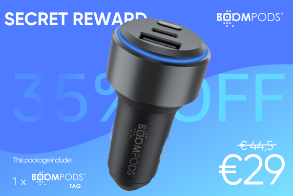Black car charger with BOOMPODS branding on a blue background with promotional text.