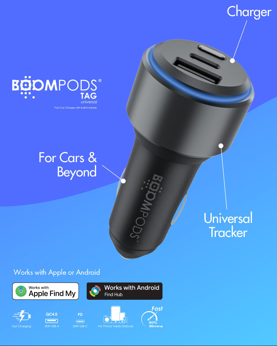 Car charger with universal tracker on a blue background, featuring the BoomPods brand.